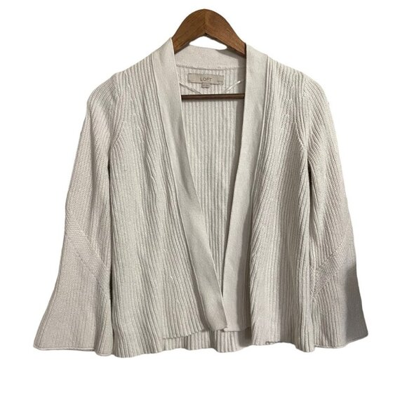 LOFT Womens White Ribbed Chunky Knit Open Front Cardigan Sweater Small Petite - Picture 1 of 6